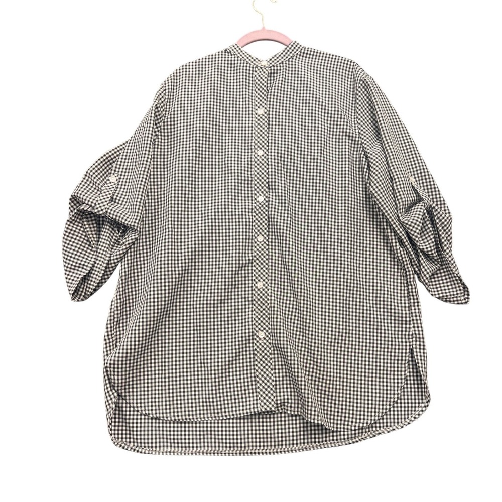 2BB of California Gingham Tunic Blouse Womens XL Black White Roll Tab Sleeve Top